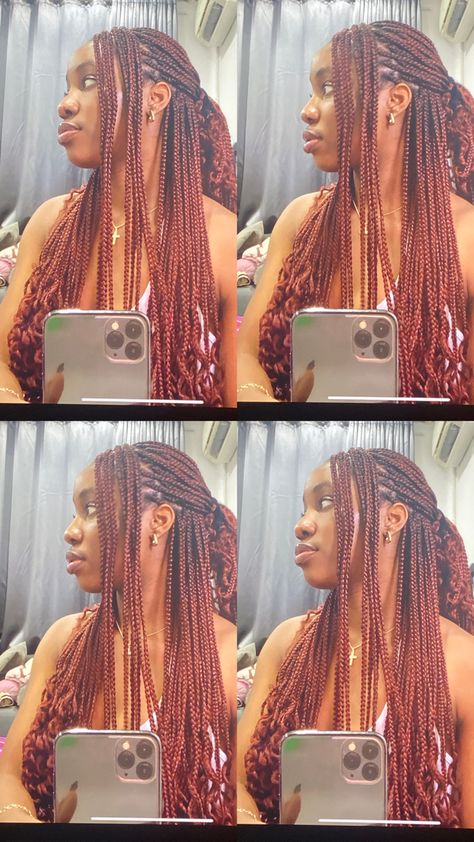 braids
black hairstyles
red braids
colour 35 braids Burgundy Braids With Curly Ends, Red Box Braids With Curls At The End, Ginger Ruby Braids, Color 35 Knotless Braids, Auburn Braiding Hair, 35 Braids Color, Ginger Red Knotless Braids, Red Box Braids With Curly Ends, Red French Curl Box Braids