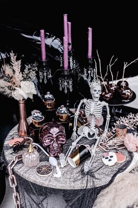 Halloween Dessert Table from a Glam Creepy Halloween Party on Kara's Party Ideas | KarasPartyIdeas.com Black Silver Purple Halloween Party, Glam Creepy Halloween Party, Gothic Glam Halloween Decor, Barbie Halloween Party Ideas, Barbie Halloween Party Decorations, Barbie Halloween Decor, Barbie Halloween Party, Themed Halloween Party Ideas, Glam Halloween Decor