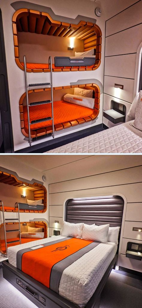 Family Cabin on Star Wars Galactic Starcruiser Star Wars Bunk Beds, Sci Fi Bedroom Ideas, Star Wars Sleeping Quarters, Star Wars Beds, Star Wars Endor Bedroom, Star Wars Inspired Bedroom, Endor Themed Room, Star Wars Dorm Room, Starwars Interior Design