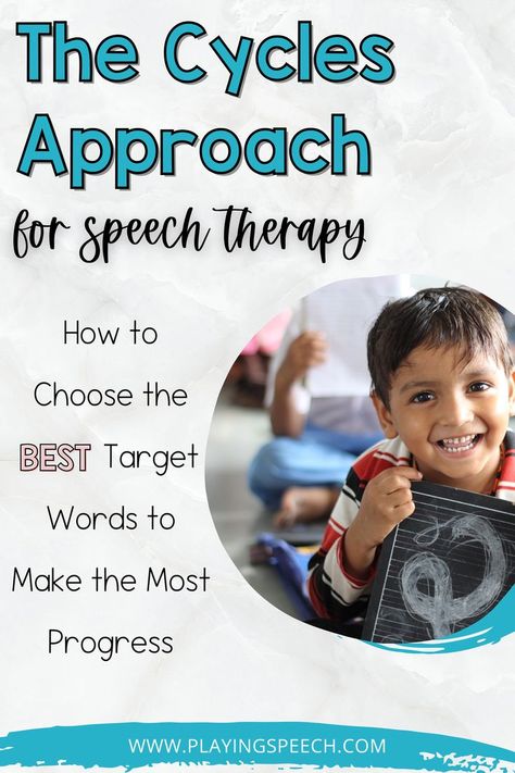 Speech therapy blog post on how to choose target words when using the Cycles Approach for phonoloigcal patterns or phonological processes. The Cycles Approach is a great phonological intervention that can lead to faster progress when treating phonological disorders in speech therapy. Speech Therapy Data Collection, Apraxia Activities, Language Development Activities, Childhood Apraxia Of Speech, Early Intervention Speech Therapy, Phonological Processes, Preschool Speech Therapy, Speech Therapy Games, Articulation Activities