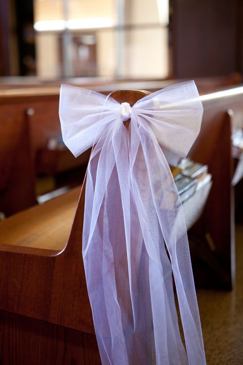 Wedding Pew Bows, Wedding Aisle Bows, Bow Aisle Decor, Bows For Wedding Aisle, Wedding Bows For Pews, Pew Decorations Wedding, Ribbon On Pews For Wedding, Pew Tulle Decorations Wedding, Bows For Church Pews Wedding