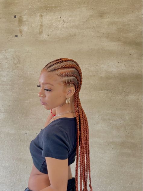 Thigh Length Feed In Braids, Ginger Feed In Braids Cornrows, Ginger Stitch Braids Black Women, 350 Stitch Braids, Cornrow Hairstyles Color, Honey Brown Cornrows Braids, Stitch Braids Red Hair, Honey Blonde Cornrows Braids Black Women, Ginger Cornrows Braids Black Women