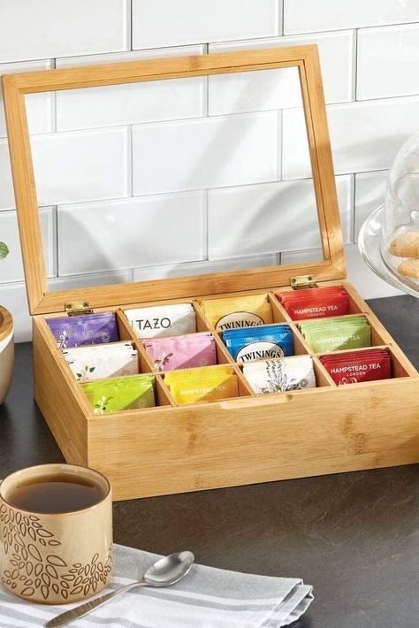 Appliance Organization, Kitchen Storage Organization Ideas, Pantry Storage Organization, Can Crusher, Tea Box Storage, Tea Organization, Wooden Spice Rack, Tea Bag Organizer, Declutter Kitchen