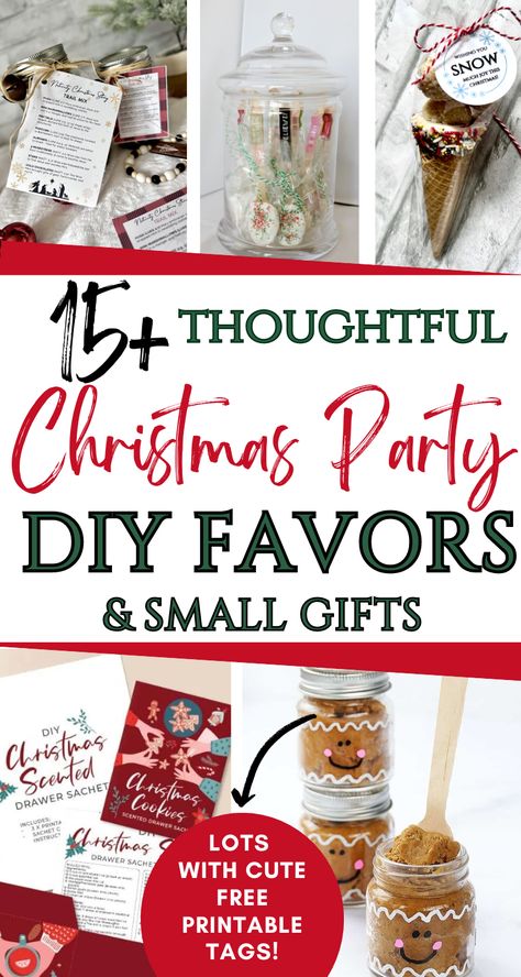 If you want your guests to leave with a small gift or token of thanks, you'll love these Christmas party favors! These easy small gifts are thoughtful & many include cute free printable tags, and there are lots of DIY options for food and non-food gifts! These favors also make great gifts for neighbors, friends, coworkers, teachers, service workers, and more! Tiny Christmas Gifts Diy, Christmas Gift For Coworkers Diy, Xmas Gifts For Neighbors Friends, Small Gifts For Staff Christmas, Fun Small Christmas Gifts, Dollar Gifts For Coworkers, Treats For Coworkers Christmas, Winter Goodie Bags For Adults, Stocking Stuffer Ideas For Office