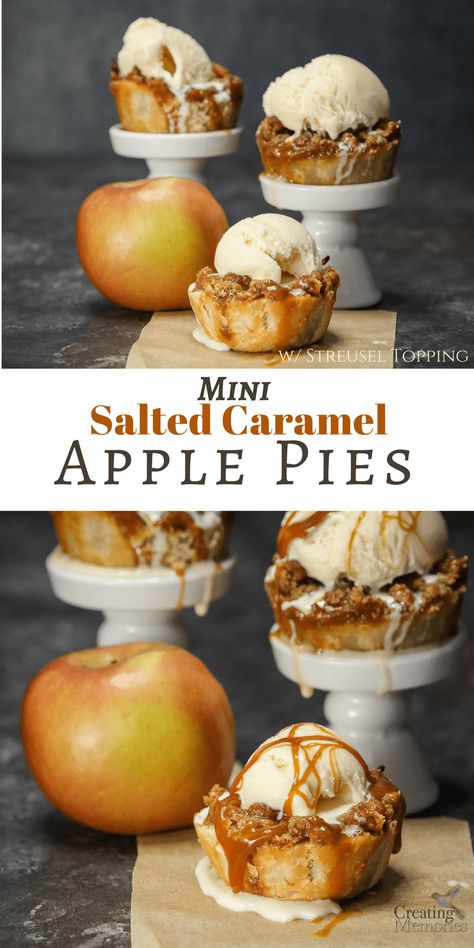 Give your mouth a celebration! Learn how to make these easy Homemade Mini Salted Caramel Apple Pie Bites recipe from scratch.The perfect blend of Fuji apples, spices, salted caramel ice cream topping and cinnamon streusel crumb topping! Featuring the perfect puff flaky crust pastry, baked in a muffin tin, and a bonus video tutorial! Cake Pops Recipe From Scratch, Apple Pie Bites Recipe, Caramel Apple Pies, Caramel Apple Pie Recipes, Mini Pie Recipes, Mini Caramel Apples, Salted Caramel Apple Pie, Apple Pie Bites, Cinnamon Streusel