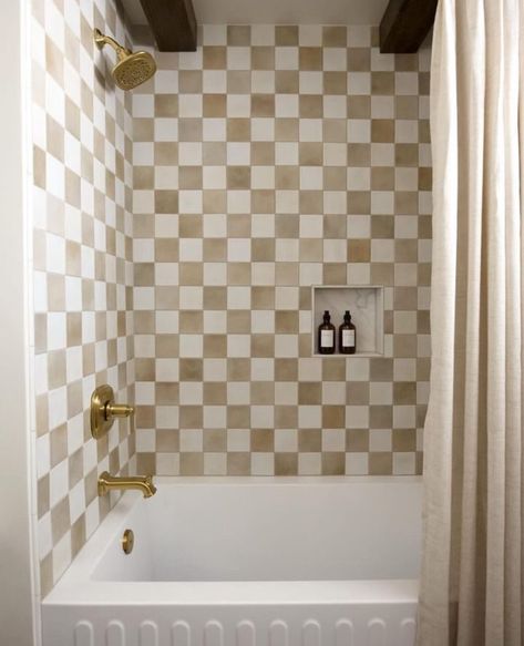 Checkered Bathroom, Checkered Tile, Bedrosians Tile, Rent House, Tub Surround, Bathroom Remodel Shower, Bathroom Redo, Girls Bathroom, Dream Bathrooms