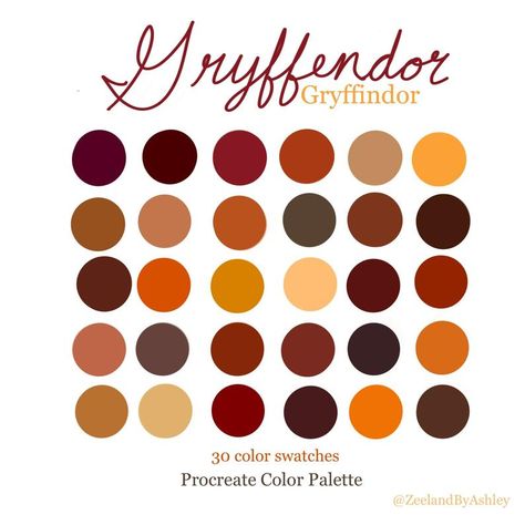 Harry Potter Procreate, Aesthetic Gryffindor, Color Palette Fall, Gryffindor Harry Potter, Harry Potter Colors, Autumn Color Palette, Gryffindor House, Gryffindor Aesthetic, Procreate Color Palette