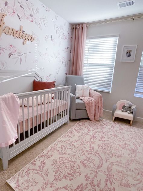 Soft rose petal, cream, and grey colors girl nursery. Grey And Mauve Nursery, Pink And Gray Nursery Ideas, Grey Crib Nursery Girl, Pink And Grey Nursery Baby Girl, Grey Crib Nursery, Pink And Grey Curtains, Grey And Pink Nursery, Gray And Pink Nursery