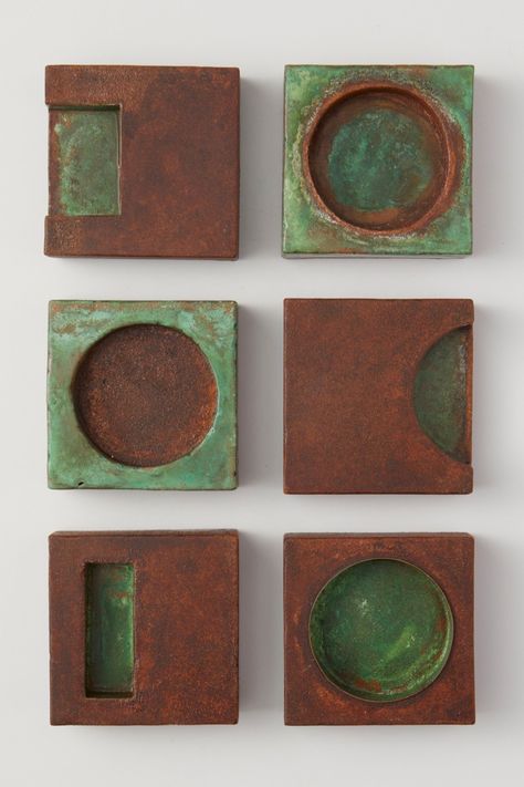 Bronze & Steel Wall Sculpture - Each piece in this artful wall sculpture set is a 4 x 4 square welded from sheet steel and sheet bronze, and designed to be able to be hung in any orientation. They are patinated, sealed, and have felt feet to keep them stable on the wall. All pieces in this series are numbered consecutively, noted with the signature. Tiles are ready to hang as shown or in any arrangement that best fits your space. <br><br>The Meditations Machinations Series is abo Small Art On Wall, Large Ceramic Wall Art, Ceramic Hanging Art, Ceramic Wall Art Ideas, Ceramic Wall Art Hanging, Tile Art Wall, Tile Sculpture, Ceramic Wall Art Sculpture, Bronze Decoration