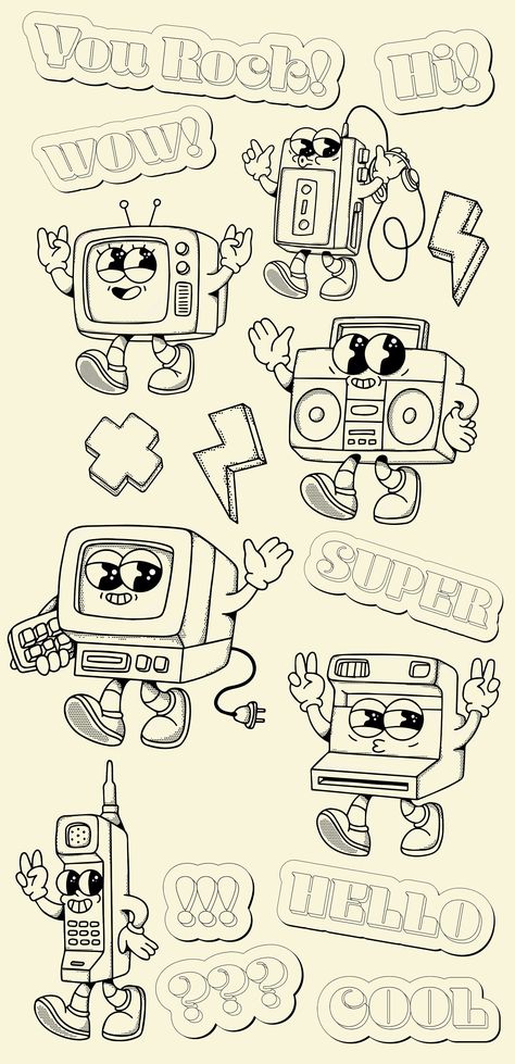 Retro Groovy Tech Mascot Characters Clipart Download, Vintage Computer, Doodle Stickers, Vector Graphics, Cool, 90s, Trendy, Groovy Mascot - Etsy Retro Things To Draw, Retro Character Design Illustration, Computer Character, Mad Doodle, Retro Cartoon Art Style, American Cartoon Style, 90s Illustration Retro, Tech Graphics, Groovy Cartoon