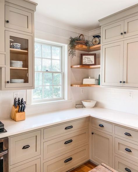 Cabinet Joint on Instagram: "Peaceful. Clean. Renewed. ✨ This custom cabinetry was painted by the customer using ‘Woodland Sage’ by Behr and finished with a white quartz countertop. This kitchen has inspired us, and we hope it sparks some inspiration in you as well! Bravo to our #cabinetjointkotw by @oldsycamorefamilyfarm 👏 #peacefulhome #farmhousedecor #DIYhome #DIYkitchen #customcabinets #farmhouserenovation #insetcabinets" Neutral Kitchen Cabinets, Kraftmaid Kitchens, Woodland Sage, White Kitchen Countertops, Beige Cabinets, Square Kitchen, Kitchen Redesign, Kitchen Board, Quartz Countertop