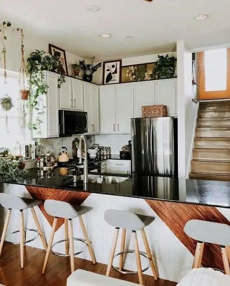 Above Kitchen Cabinet Decor Ideas Plants, Kitchen Cabinets With Space Above, Plant Above Kitchen Cabinets, Above Cabinet Plants, Above Cabinet Plant Decor, Kitchen Cabinet Above Decor, Small Open Concept Apartment Decor, Kitchen Cabinet Plants Above, Kitchen Top Cabinets Decor Ideas