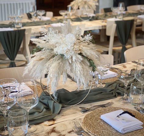 A beautiful tablescape using our olive green chiffon table runners and chair drapes combined with seagrass mats and lovely hoop dried centrepieces created by Berri-Mae from Dried Wild Florist Chair Drapes, Wedding Table Decor Ideas, Neutral Autumn, Spring Ball, Day Planning, Barnard Castle, Wedding House, Reception Tables, Table Decor Ideas