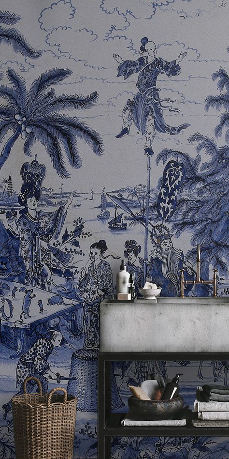 Oriental blue Chinoiserie wallpaper featuring detailed blue and white illustrations of traditional Asian landscapes and scenes, perfect for adding elegance and sophistication to any room. Asian Style Wallpaper, Blue Vintage Wallpaper, Blue Chinoiserie Wallpaper, Mural Landscape, Asian Wallpaper, Asian Landscape, Blue Chinoiserie, Chinoiserie Wall, Chinoiserie Wallpaper