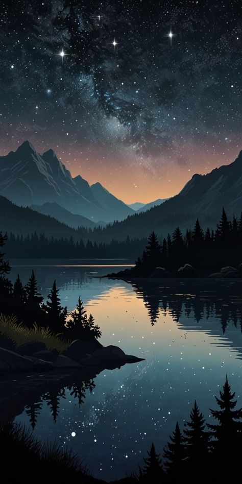 Starry Night Mountains, Night Sky Mountains Painting, Sky Full Of Stars Painting, Mountain Painting Night, Mountains At Night Painting, Starry Background Aesthetic, Night Sky Wall Painting, Night Lake Aesthetic, Night Aesthetic Landscape