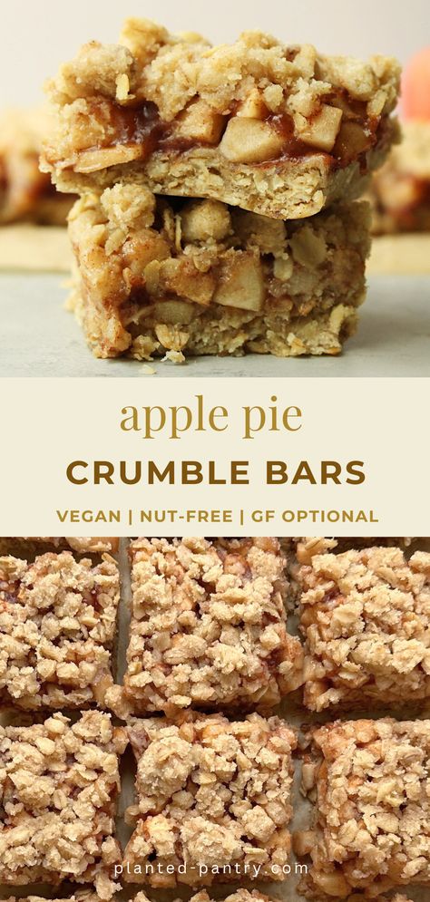 These vegan Apple Pie Crumble Bars combine an oatmeal cookie base and crisp, juicy apples, with a crunchy oat crumb for the perfect sweet Fall treat. Gluten Free Apple Pie Crumble, Vegan Apple Pie Crust, Oat Flour Crust, Apple Pie Crumble, Apple Crumble Bars, Accidentally Vegan, Gluten Free Apple Pie, Oat Crumble Topping, Healthy Apple Crumble