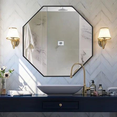 Latitude Run® Mulan Accent Mirror Mordern & Contemporary Mirror | Wayfair Unique Bathroom Mirrors, Black Bathroom Mirror, Wooden Work, Bathroom Mirror Frame, Cork Boards, Contemporary Wall Mirrors, Mirror Metal, Contemporary Mirror, St Laurent