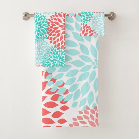 Coral Teal Aqua dahlia floral bath decor Bath Towel Set - teal bathroom accessories Aqua Blue Bathroom, Teal Bathroom Accessories, Teal Bathroom, Coral Aqua, Floral Bath, Bathroom Themes, Custom Towel, Apartment Decor Inspiration, Luxury Towels