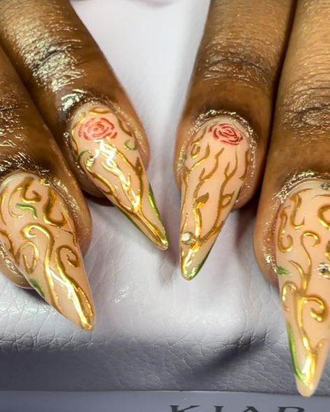 Beauty and the Beast inspired set 🌹👑 ~ 📍10580 115 St NW Edmonton, AB 💜Link in BIO to BOOK 📖 💜DM to ORDER Custom pressies 💅🏽 💜 DM to ORDER Cuticle oil brush pens🖌️ ~ ~ ~ ~ ~ ~ Edmonton Nail Technician, Hand-drawn Nail Art, Chrome Nails, Stiletto Nails, Chrome Nails Design, Chrome Isolation, Beauty and the Beast Nail Design, Gold Nail Design, #longnailsfetish #longnailsclub #longnailsdesign #longnaildesigns #longnaillover #stilettonailshape #stilettonailsswag #chromenailart #chromenails😍💅💣 #ch... Stiletto Nails Chrome, Nails Design Chrome, Chrome Nails Stiletto, Beauty And The Beast Nails, Nail Art Chrome, Nails Chrome, Chrome Nail Art, Gold Nail Designs, Chrome Nails Designs