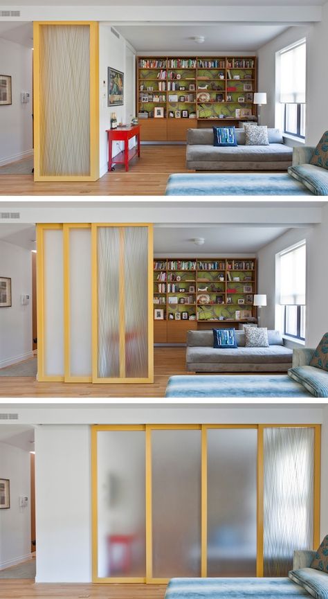 #12. Install sliding walls! (for privacy while maintaining an open feel)  | 29 Sneaky Tips For Small Space Living Sliding Walls, Small Space Hacks, Aesthetic Studio, Sliding Wall, Small Space Storage, Apartment Layout, Small Space Diy, Design Del Prodotto, Ideas Aesthetic