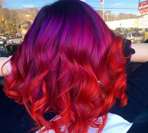 Sunset Hair Color Short, Red Purple Blue Ombre Hair, Hot Pink Baylage Hair, Purple Red Orange Ombre Hair, Vibrant Red Hair Color Ombre, Vibrant Red Purple Hair, Sunset Hair, Vivid Hair Color, Cute Hair Colors