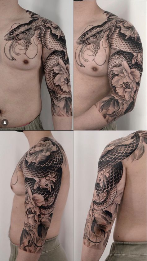 Japanese Snake Half Sleeve Tattoo, Snake Sleeve Tattoo Design, Tattoo Arm Reference, Japanese Tattoo Art Snake, Snake Arm Sleeve Tattoo For Men, Snake Tattoo Men Arm Sleeve, Snake Bicep Tattoo For Men, Greek Snake Tattoo, Full Arm Dragon Tattoo Japanese Sleeve