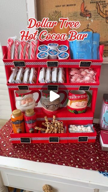 Laura Jeanne on Instagram: "Thank you @bargainbethany for this awesome hot cocoa bar idea!!! I enjoyed making this for my kids and it is a wonderful addition to our holiday decor 🎅🏻 🤶🏻 🎄 
#dollartree #christmas #diy #christmasdecor #hotcocoabar #hotchocolate #christmastime" How To Build A Hot Cocoa Stand, Diy Hot Cocoa Stand, Diy Hot Cocoa Bar Christmas, Coco Bar Ideas, Hot Cocoa Bar For Kids, Diy Snack Bar, Christmas Cocoa Bar, Christmas Hot Chocolate Station, Christmas Sweet Table