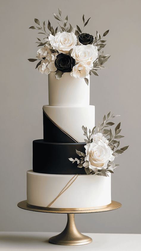 Classy 3-Tier Wedding Cake Designs in 2024 - cakevows.com Black And White Wedding Cake, Culinary Kitchen, Wedding Cake Servings, 3 Tier Wedding Cakes, Black Wedding Cakes, Modern Cakes, Traditional Cakes, White Wedding Cakes, Modern Wedding Cake