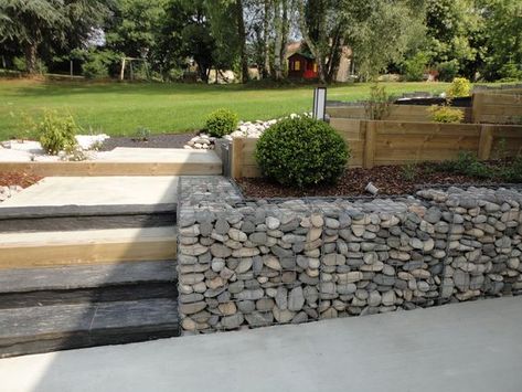 muret gabion en galet pour terrasse sur plusieurs niveaux House Makeovers, French Country Style, Backyard Landscaping, French Country, Sweet Home, Architecture, Canning, Wall, Back Garden Landscaping