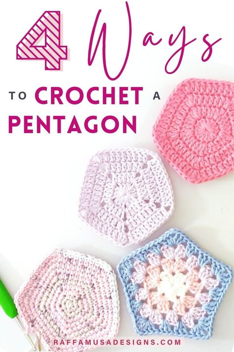 four crochet pentagons were made using different stitches and patterns Trendy Crochet Tops, Crochet Blanket Round, Crochet Hexagon Blanket, Granny Square Pattern Free, Crochet Stitches Guide, Dishcloth Knitting Patterns, Stylish Crochet, Crochet Triangle, Crochet Hexagon