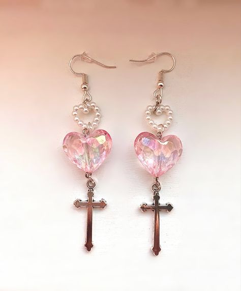 these earrings were made by me!! cross earrings, heart earrings, soft earrings, soft goth earrings, pink earrings, christian earrings, religous earrings, diy, jewelry, idea, handmade, pearl, aesthetic, cute earrings, pretty, Christian Earrings, Pearl Aesthetic, Soft Goth, Pink Goth, Goth Earrings, Cross Heart, Kawaii Earrings, Earrings Aesthetic, Goth Jewelry