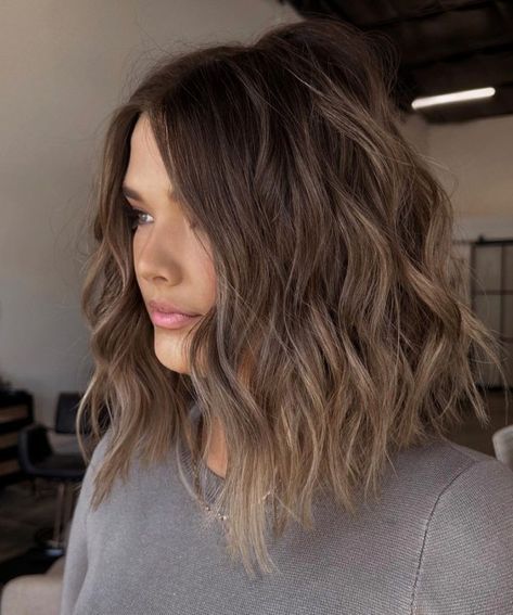 Cool Ashy Brown Lob Brown Lob Hair, Dip Dye Hair Brown, Light Brown Hair Ideas, Brown Balayage Bob, Light Brown Hair Dye, Brown Lob, Ashy Brown, Light Brown Ombre, Light Brown Balayage