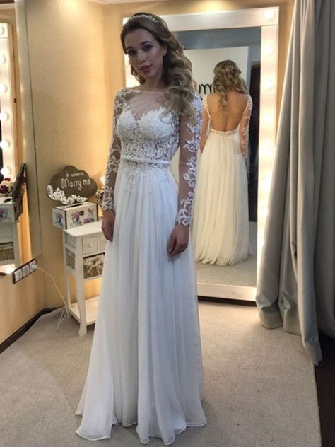 Wedding Dresses Online, Buy Cheap Wedding Dresses For Bride - Hebeos Lace Top Wedding Dress, Floor Length Wedding Dress, Chiffon Wedding Dress, Wedding Dress Chiffon, Rustic Wedding Dresses, Applique Wedding Dress, Backless Wedding, Lace Chiffon, Backless Prom Dresses