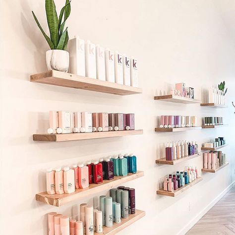 Floating Retail Shelves, Salon Retail Shelves, Retail Shelves, Product Shelves Salon, Salon Shelving Ideas, Spa Retail Shelves, Garage Salon Ideas, Kevin Murphy Products Display, Kevin Murphy Retail Display