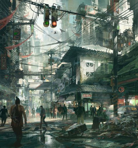 Street Scene - 25 Truly Amazing Digital Paintings Theo Prins, City Images, View Drawing, Location Design, Arte Ninja, Guild Wars 2, Guild Wars, Cyberpunk City, Arte Cyberpunk