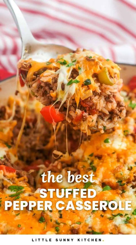 Stuffed Pepper Casserole is a one-pan meal that has all the delicious, savory flavors of stuffed peppers, without any of the fancy prep work. Pepper Casserole, Stuffed Pepper Casserole, Stuffed Pepper, Beef Casserole Recipes, Easy Casserole Recipes, Beef Recipes Easy, Peppers Recipes, Beef Recipes For Dinner, Beef Dinner