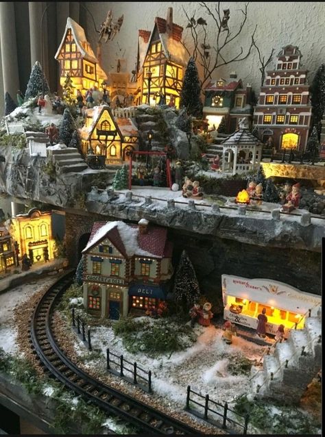 Diy Holiday Village Display, Unique Ways To Display Christmas Village, Xmas Village Ideas, Christmas Train Village, Miniature Train Village, Dept 56 Display Ideas, How To Set Up A Christmas Village, Xmas Village Display Ideas, Christmas Town Display Ideas