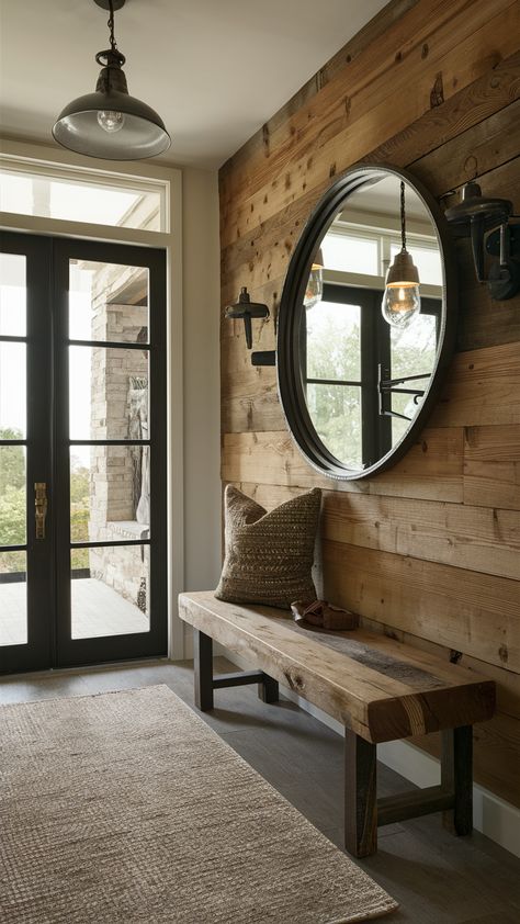 Create a stylish home with our chic decor ideas and trendy inspirations. Discover elegant updates and luxe solutions for a sophisticated look. #HomeInspiration #TrendyDecor #LuxeDesign Chalet Entrance Hall, Modern Rustic Foyer, Barndominium Entryway, Entrance Way Ideas, Entry Way Ideas, Moody Farmhouse, Rustic Foyer, Mirror Entryway, Small Modern House Plans