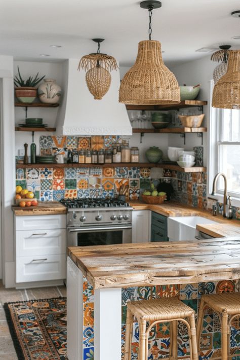 Colorful Kitchens Boho, Mexican Boho Kitchen, Color Combinations For Kitchen, Rustic Kitchen Tiles, Boho House Design, Eclectic Decor Kitchen, Kitchen Whimsical, Vintage Eclectic Kitchen, Boho Rustic Kitchen