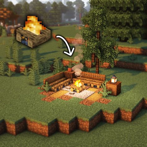 Minecraft Ying Yang Build, Minecraft Bonfire Pit, Minecraft Outdoor Ideas Aesthetic, Cute Campfire Minecraft, Campfire Minecraft Build, Minecraft Camp Site Ideas, Minecraft Campfire Aesthetic, Minecraft Aviary Ideas, Minecraft Camping Spot