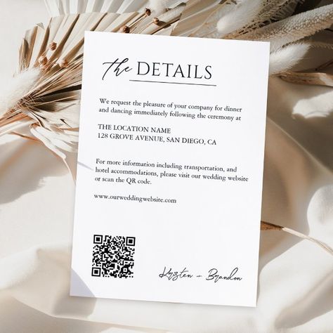 Modern Minimalist QR Code Vertical Wedding Details Enclosure Card Filipiniana Wedding Theme, Elegant Wedding Colors, 60th Birthday Party Decorations, Wedding Information, Wedding Details Card, Modern Minimalist Wedding, Wedding Enclosure Cards, Minimalist Wedding Invitations, Wedding Mood Board