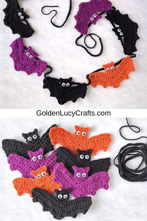 Croheted bat garland on top, seven crocheted bat appliques below. Crochet For Halloween, Bat Garland, Crochet Halloween Patterns Free, Crochet Halloween Decorations, Crochet Bolero Pattern, Thanksgiving Crochet, Crochet Bat, Halloween Applique, Crochet Garland