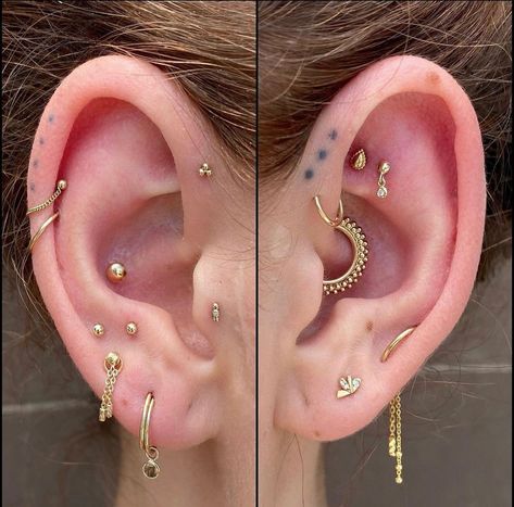 Ear Piercing Placement Ideas Both Ears, Ear Curation Small Ears, Ear Setup Gold, Ear Curation Both Ears, Earring Placement Ideas, Gold Curated Ear, Ear Piercings Placement Chart, Piercing Combinations, Curated Ear Piercing