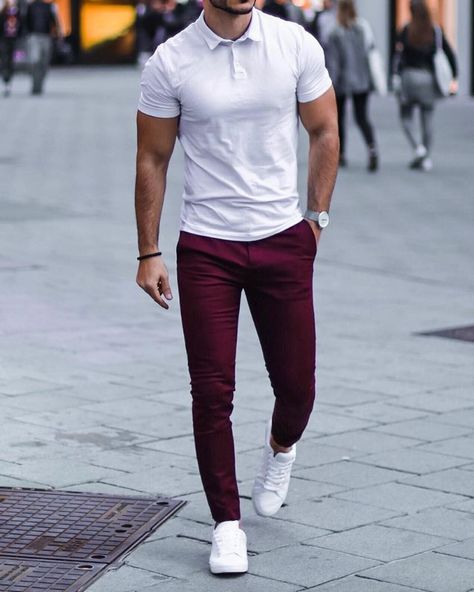 Polo and trousers combo men. Burgundy Pants Men, Red Trousers Outfit, Burgundy Pants Outfit, Maroon Pants Outfit, Chinos Men Outfit, Polo Shirt Outfit Men, Grey Pants Men, Maroon Outfit, Maroon Pants