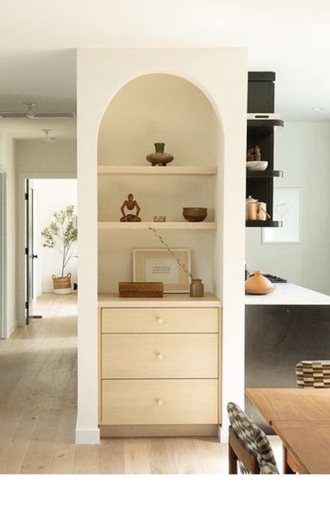 Narrow Built In Cabinet, Narrow Built In Shelves, Inset Shelves In Wall, Recessed Wall Niche Ideas, Wall Niche Ideas, End Of Hallway, Sun Planet, Recessed Wall Niche, Alcove Shelves