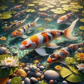 A hyper realistic digital artwork. 展示了一條錦鯉從池塘中向上躍出水面,The kois should have distinct patterns and colors, such as orange, white, and black.(這條錦鯉 by WETA FX and industrial light and magic, intricate elaborate RTX enhanced CGI render, bright colors, splash art painting）, The water should be clear, with gentle ripples and reflections. Surround the kois with floating lily pads and delicate, multicolored leaves on the water's surface, creating a peaceful and harmonious atmosphere. - Image Creator from Colored Pencil Art Projects, Coy Fish, Koi Painting, Koi Fish Drawing, Fish Drawing, Space Animals, Fish Drawings, Classic Wall, Wall Art For Living Room