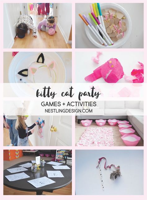 Kitty Cat Games | NestlingDesign.com Cat Party Games, Cat Games For Kids, Kitty Cat Party, Cat Games, Kitten Birthday Party, Cat Themed Parties, Cat Themed Birthday Party, Kitten Party, Kitten Birthday