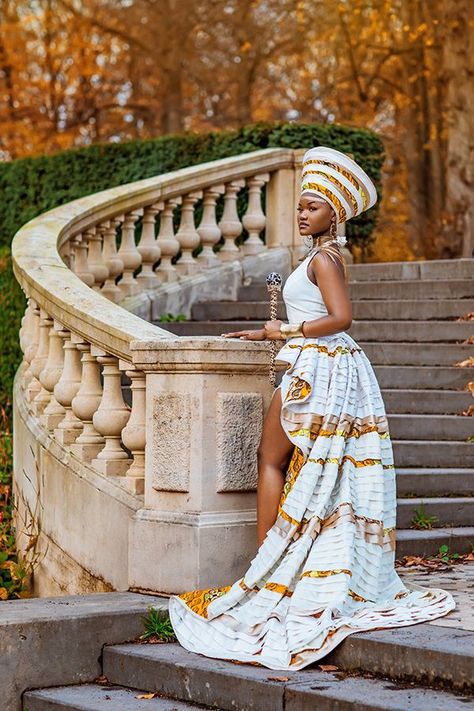 Yellow African Wedding Dress, South Africa Wedding Dress, South African Women Fashion, Modern Traditional Outfits African, African Royalty Fashion, Traditional African Wedding Dress, Female Ankara Styles, Ankara Wedding Dress, South African Wedding Dress