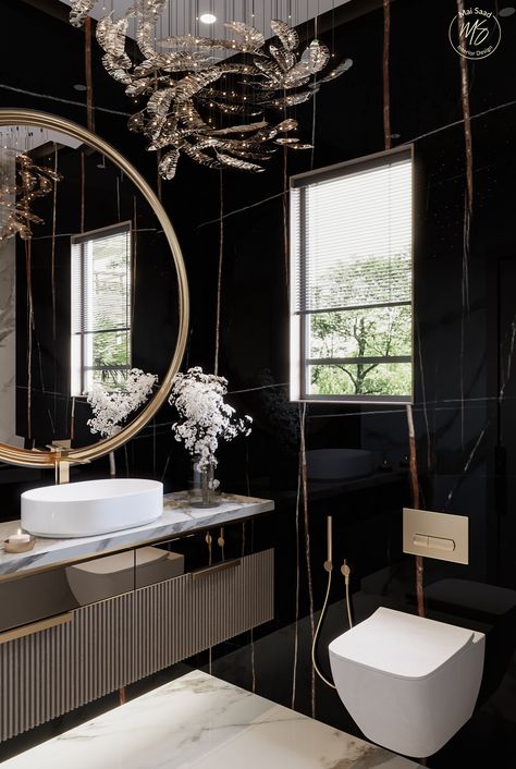 Grey And Gold Bathroom, Wall Paint Combination, Luxury Guest Bathroom, Furniture Bedroom Sets, Bathroom Lights Over Mirror, Modern Black Bathroom, Bathroom Wall Tile Design, Modern Powder Room, Painted Vanity Bathroom