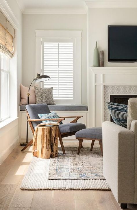 Brown and Blue Persian Rug Layered Over Jute Rug - Transitional - Living Room Layered Rugs Living Room Modern, Layered Rugs Living Room, Persian Rug Living Room, Living Room Design Board, Jute Rug Living Room, Small Living Room Furniture, Mid Century Modern Lounge Chairs, Transitional Living Rooms, Brown Living Room